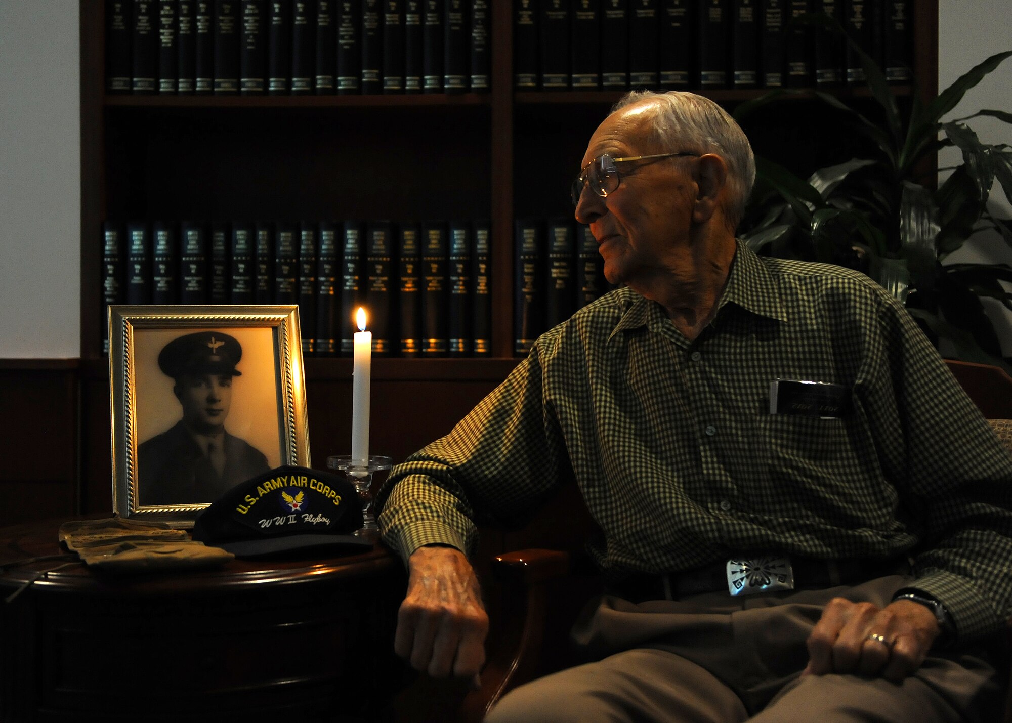 BUCKLEY AIR FORCE BASE, Colo. -- Harry Johnson, World War II veteran speaks about his experience during the war, Aug, 13, 2011. Johnson was one of the original members of the 460th Bomb Group in 1945. (U.S. Air Force photo by Senior Airman Marcy Glass)