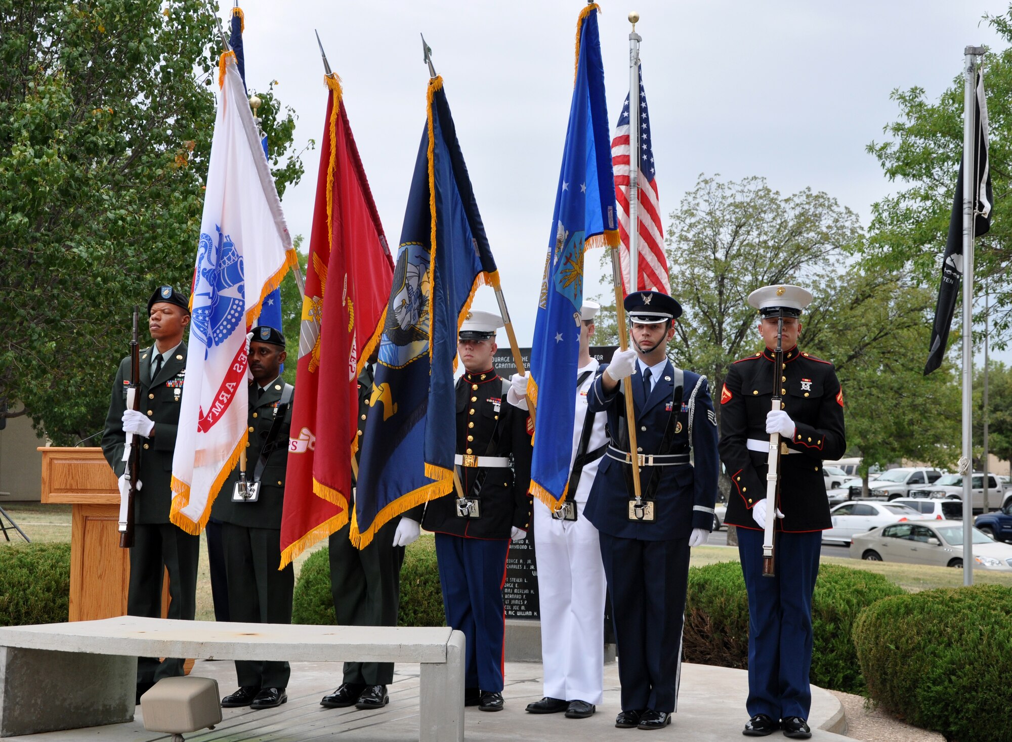 GOODFELLOW AIR FORCE BASE, Texas -- The Joint Service Color Guard posts the Colors at the start of the 17th Training Wing POW/MIA Recognition Day Vigil Sept. 16 at the Medal of Honor/POW/MIA Memorial here. (U.S. Air Force photo/Connie Hempel)