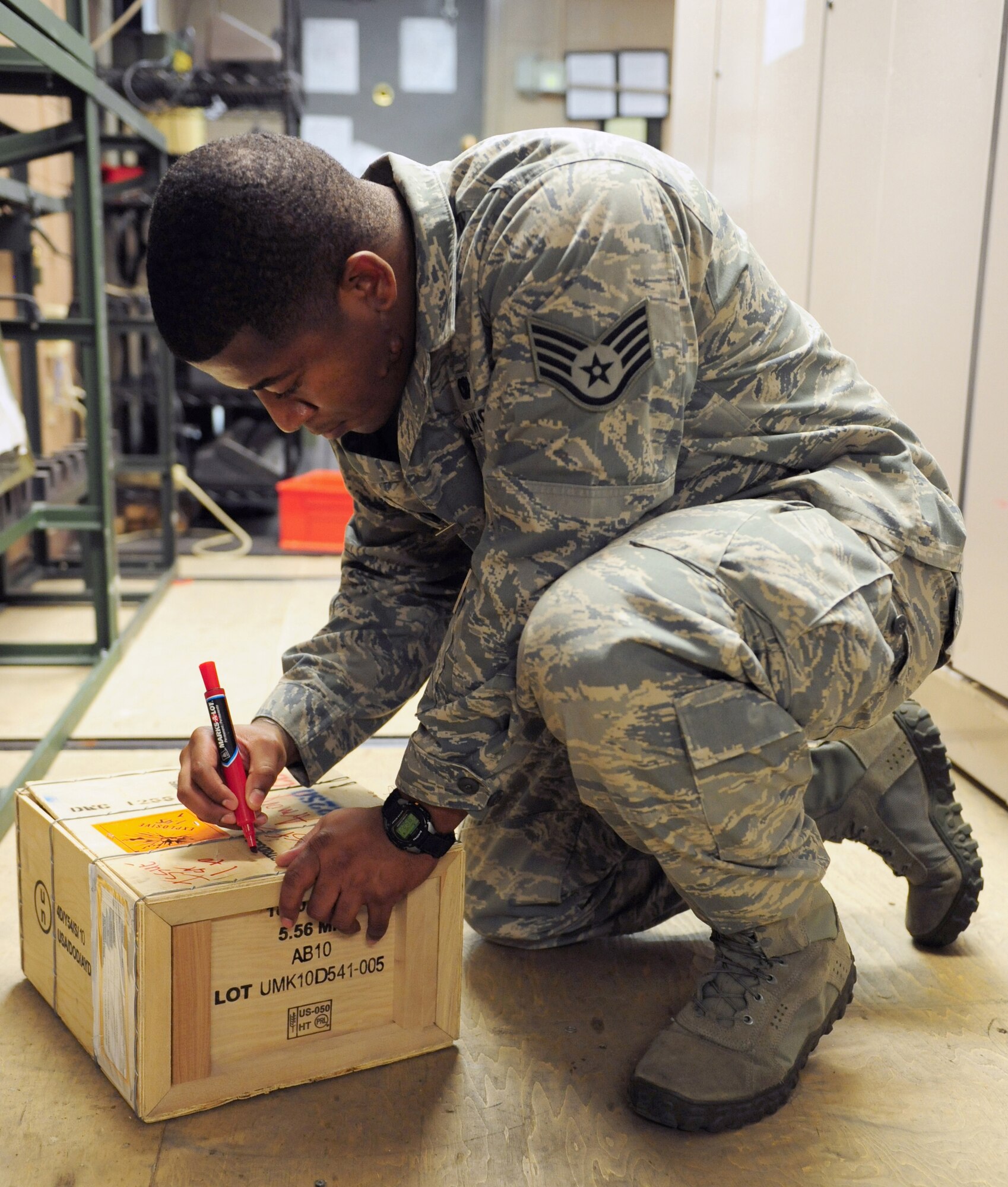 Staff Sgt. Sherman Smith, 2nd Security Forces Squadron, takes inventory for ammunition received on Barksdale Air Force Base, La., Sept. 15. The 2 SFS must keep an accurate count of all ammunition in the armory. (U.S. Air Force photo/Airman 1st Class Benjamin Gonsier)(RELEASED) 