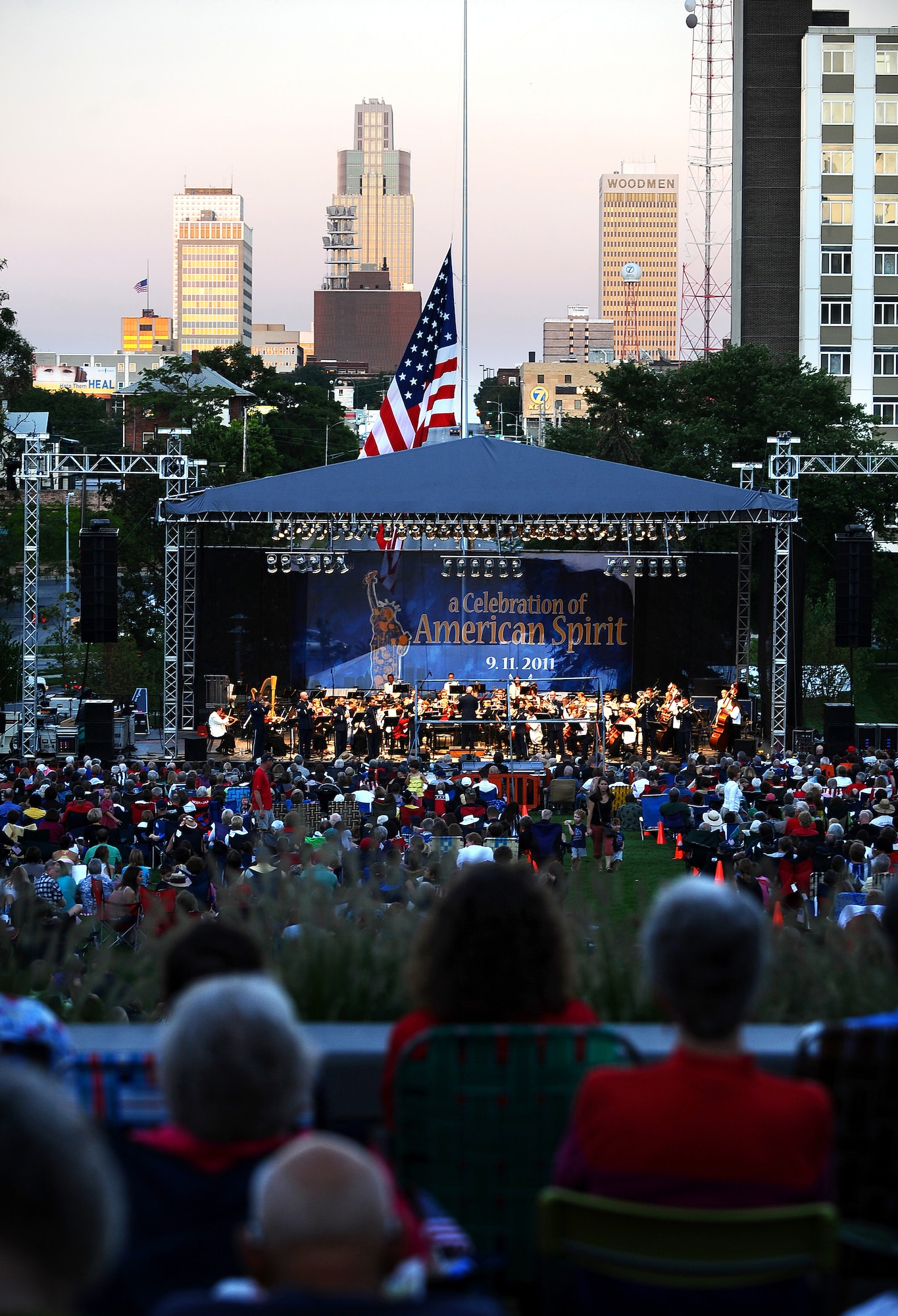 The A Celebration of American Spirit concert drew in a crowd of more than 9,000 people at Turner Park in Omaha, Neb., as the U.S. Air Force Heartland of America Band's Brass in Blue ensemble performed with the Omaha Symphony in a memorial concert marking the 10-year anniversary of 9/11. (U.S. Air Force photo by Josh Plueger/Released)
