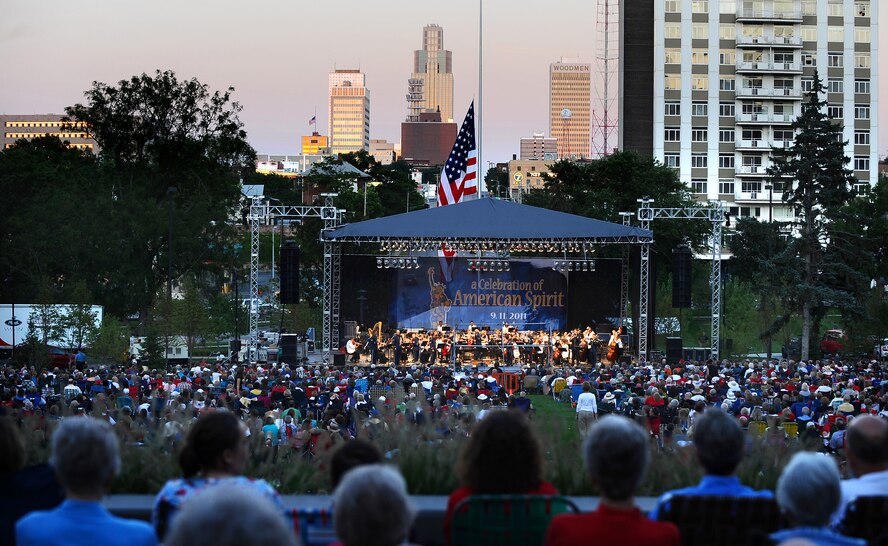 The A Celebration of American Spirit concert drew in a crowd of more than 9,000 people at Turner Park in Omaha, Neb., as the U.S. Air Force Heartland of America Band's Brass in Blue ensemble, performed with the Omaha Symphony in a memorial concert marking the 10-year anniversary of 9/11. (U.S. Air Force photo by Josh Plueger/Released)