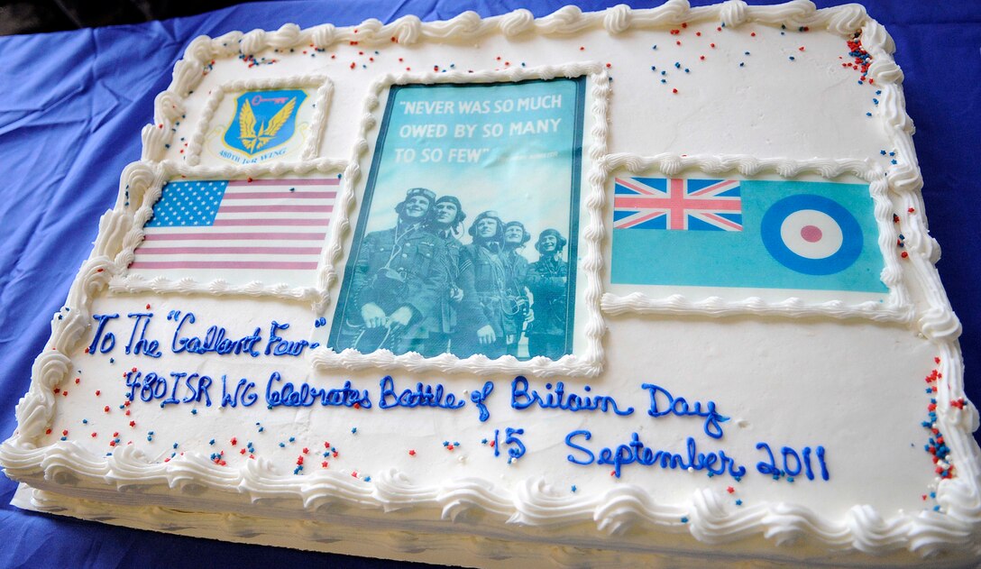 A cake sits on display during the Battle of Britain Observance ceremony Sept. 15, 2011 at Langley Air Force Base, Va. More then 60 Airmen from the 480th Intelligence, Surveillance and Reconnaissance Wing commemorated the 71st anniversary of the battle honoring their British commrades, the role ISR had in World War II and the importance of key alliances (U.S. Air Force photo by Staff Sgt. Dana Hill/Released)
