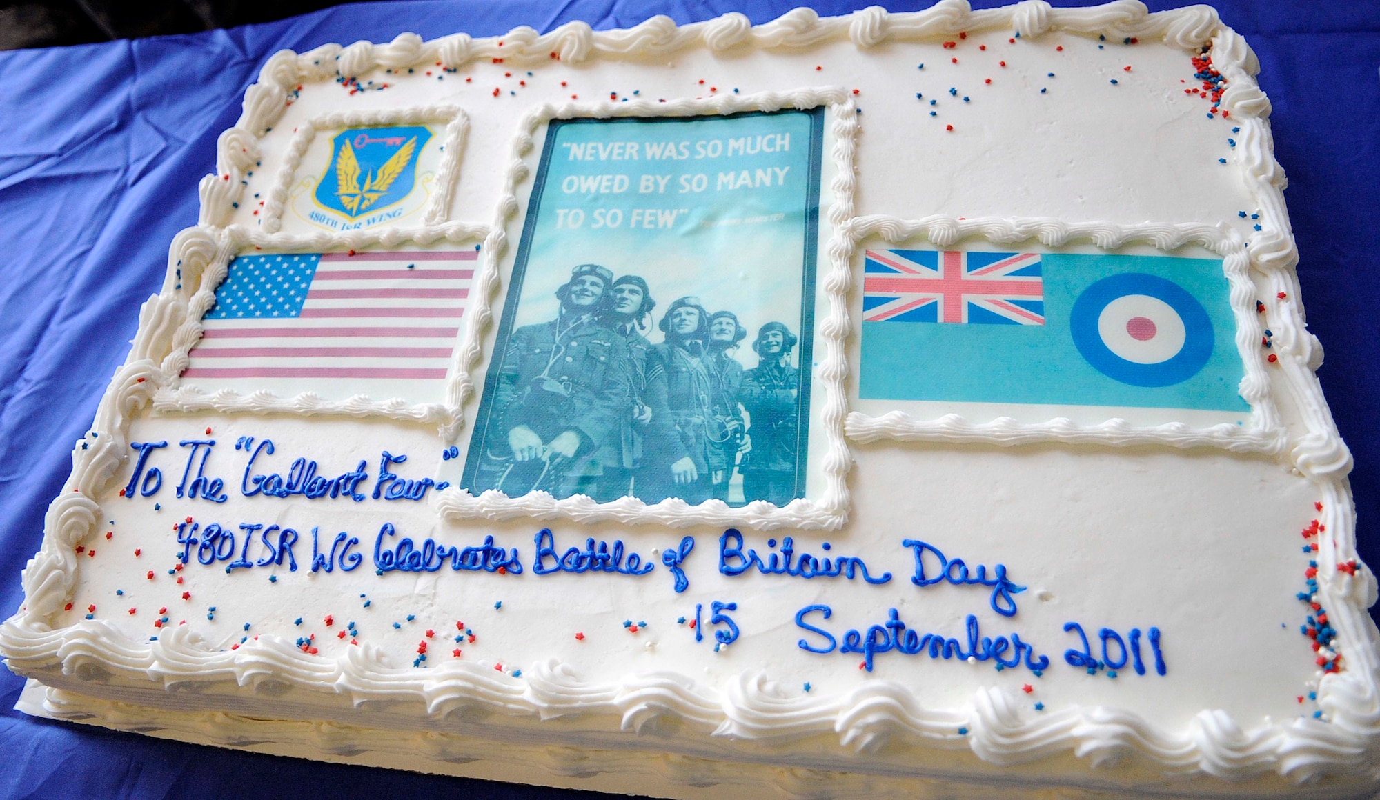 A cake sits on display during the Battle of Britain Observance ceremony Sept. 15, 2011 at Langley Air Force Base, Va. More then 60 Airmen from the 480th Intelligence, Surveillance and Reconnaissance Wing commemorated the 71st anniversary of the battle honoring their British commrades, the role ISR had in World War II and the importance of key alliances (U.S. Air Force photo by Staff Sgt. Dana Hill/Released)