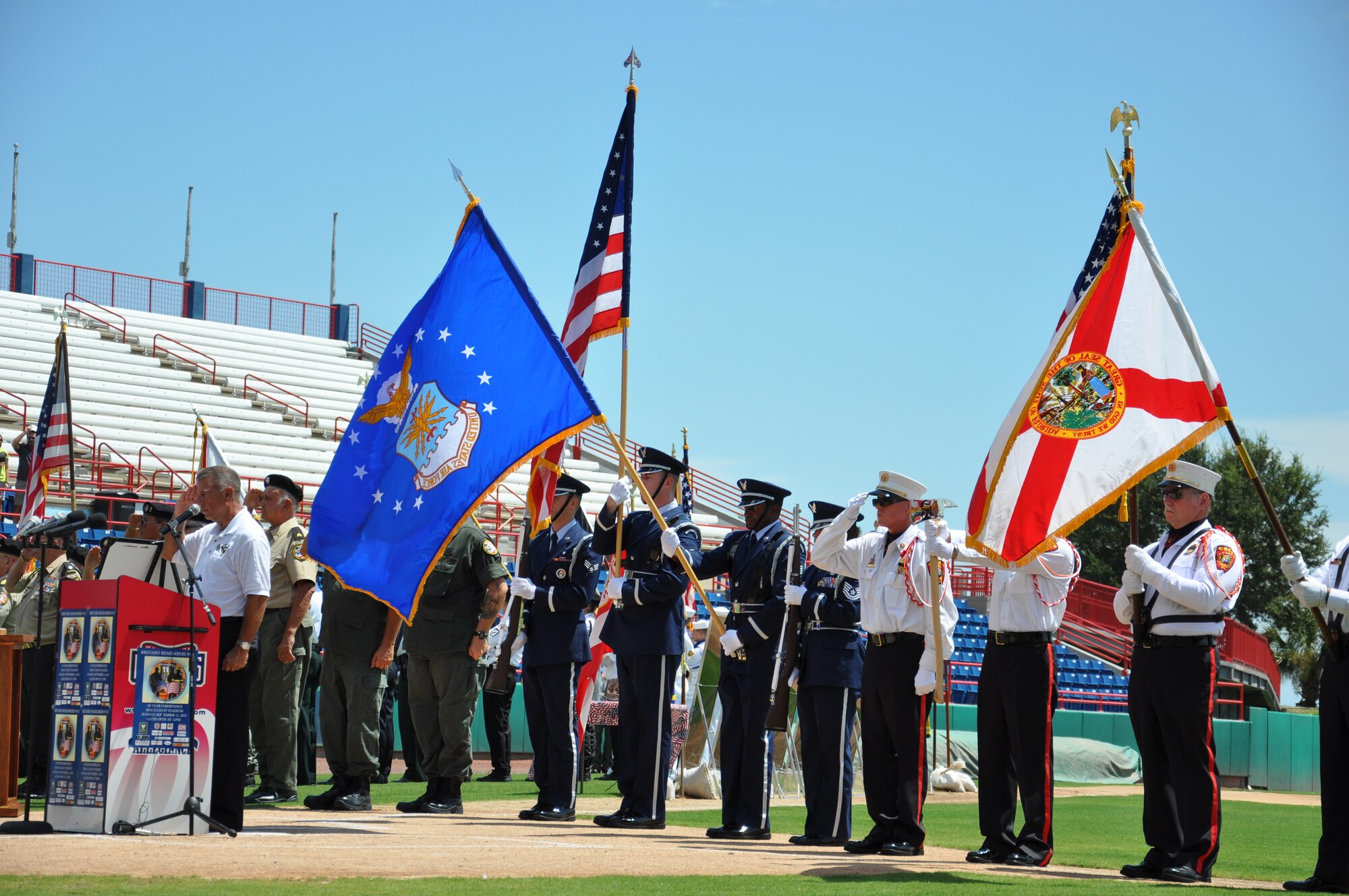 The Patrick AFB Honor Guard, along with color gurads from across Brevard County, support the Brevard Remembers Ceremony in honor of the 10th anniversary of 9/11 at Space Coast Stadium in Viera.