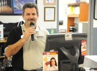 Eric Boucher, 23rd Force Support Squadron, announces instructions to the teams at Moody Lanes, Moody Air Force Base Ga., Sept. 15, 2011. Boucher explained the rules and regulations of the league, and oversaw the election of league officials. League officials duties range from dealing with team’s and their players to ensuring that the alley is paid by league participants. (U.S. Air Force photo by Airman 1st Class Paul Francis/Released)
