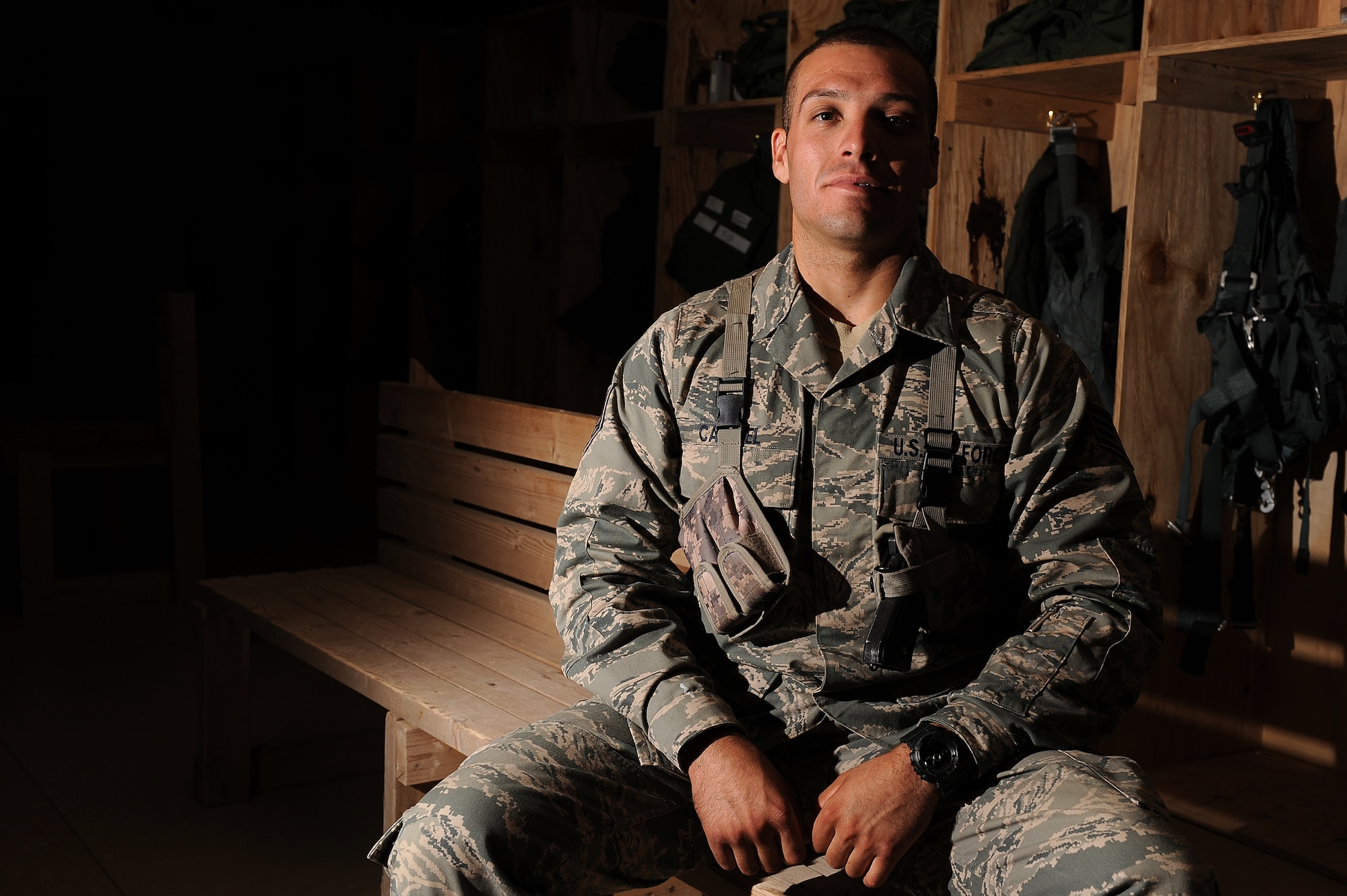 Staff Sgt. Joe Cardiel, 52nd Expeditionary Flying training Squadron, Camp Speicher, Iraq, is an aircrew flight equipment specialist, deployed from El Paso, Texas. He is responsible for training Iraqi air force AFE specialists. He is deployed from the 2nd Operations Support Squadron at Barksdale Air Force Base, La. (U.S. Air Force photo/Staff Sgt. Mike Meares)