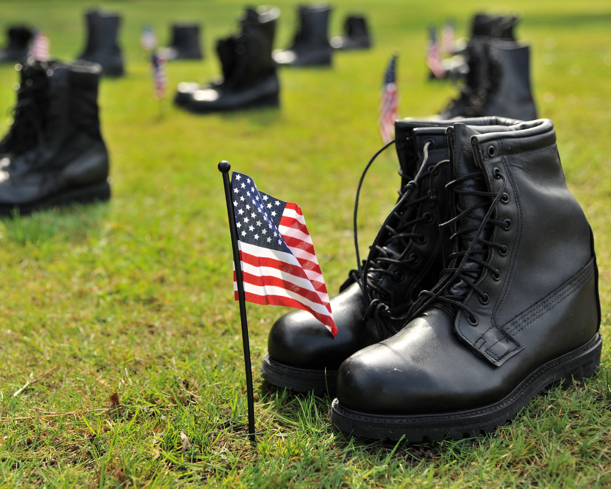 RAF MILDENHALL, England – Combat boots are placed in formation, representing America’s Prisoners of War and Missing in Action here Sept. 15, 2011. This week is POW/MIA Remembrance week a time for our nation to remember and pay respect to those who sacrificed much in the defense of our country. (U.S. Air Force photo by Senior Airman Jerilyn Quintanilla)