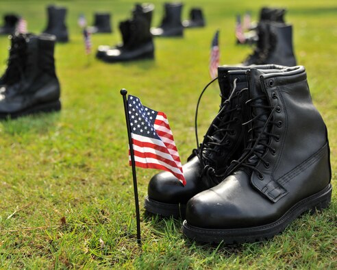 RAF MILDENHALL, England – Combat boots are placed in formation, representing America’s Prisoners of War and Missing in Action here Sept. 15, 2011. This week is POW/MIA Remembrance week a time for our nation to remember and pay respect to those who sacrificed much in the defense of our country. (U.S. Air Force photo by Senior Airman Jerilyn Quintanilla)