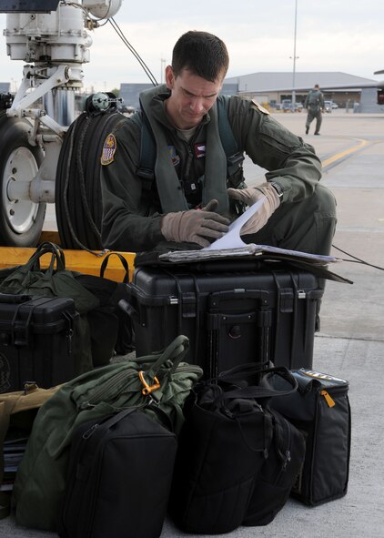 Maj. Andrew Pernell, 337th Test and Evaluation Squadron, begins a pre-flight inspection for a flight to test maritime readiness at the Gulf of Mexico Sept. 15, 2011 at Dyess Air Force Base, Texas. The 337 TES will embark on a first-ever test of a B-1 Bomber’s maritime capabilities with laser-guided weaponry at a testing range in the Gulf of Mexico. (U.S. Air Force photo by Airman 1st Class Jonathan Stefanko/ Released)