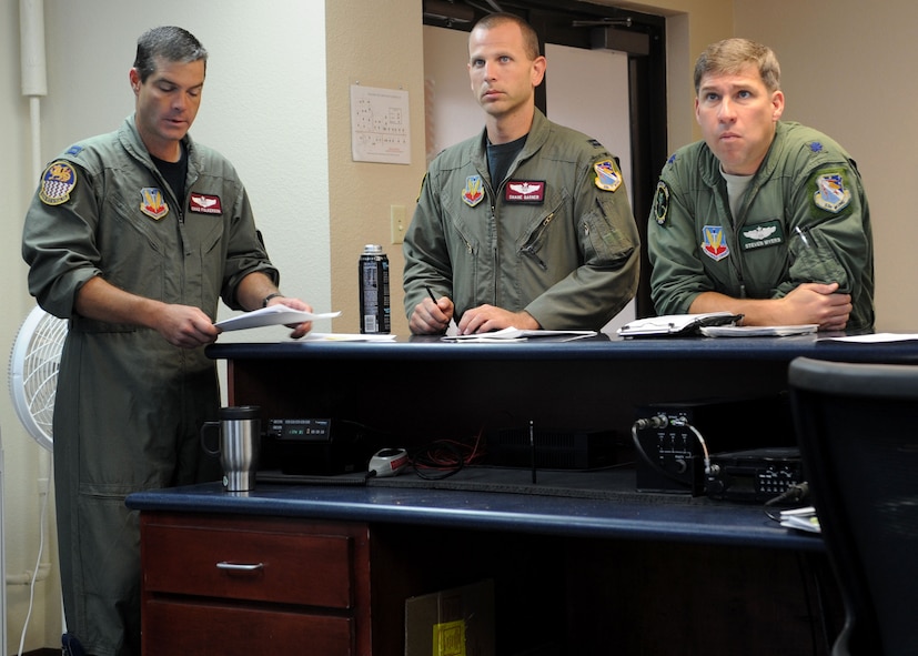 Capt. Chad Fulkerson, Capt. Shane Garner and Lt. Col. Steven Myers, 337th Test and Evaluation Squadron, attend a pre-flight briefing Sept. 15, 2011 at Dyess Air Force Base, Texas. The 337 TES will embark on a first-ever test of B-1 Bomber’s maritime capabilities with laser-guided weaponry at a testing range in the Gulf of Mexico. (U.S. Air Force photo by Airman 1st Class Jonathan Stefanko/ Released)