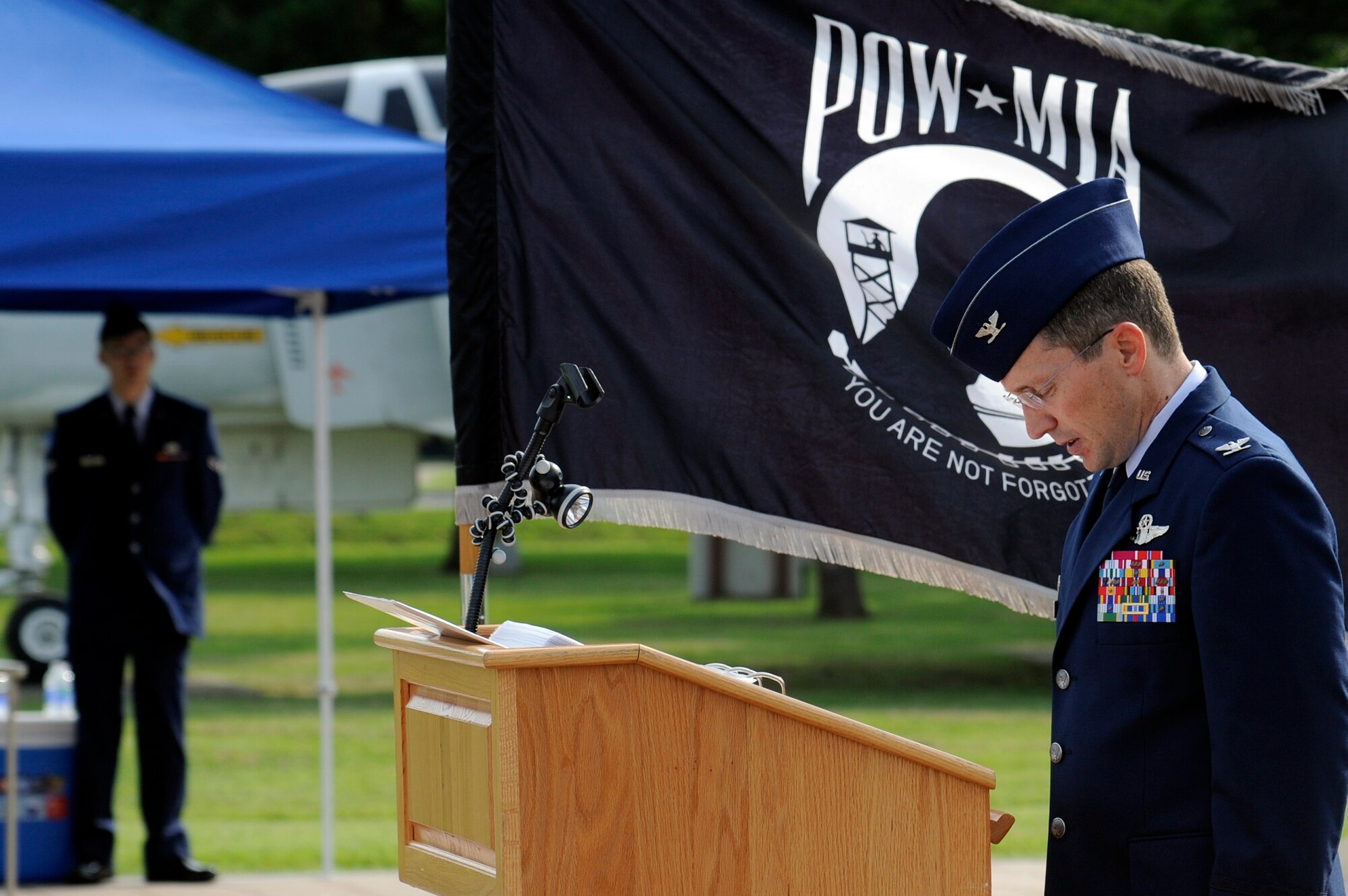 MISAWA AIR BASE, Japan - U.S. Air Force Col. Michael D. Rothstein, 35th Fighter Wing commander, announces names during Misawa's POW/MIA Recognition Day vigilance ceremony here Sept. 16. More than 90 Airmen and Sailors stood for 15 minutes at a time announcing names of fallen heroes from the Vietnam and Korean wars during the 24-hour vigilance. This is the second year Misawa Air Base has held this vigilance. (U.S. Air Force photo/Tech. Sgt. Marie Brown)