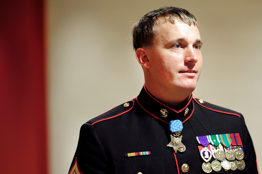Medal of Honor recipient Marine Corps Sgt. Dakota L. Meyer stands by before the beginning of a ceremony inducting him into the Pentagon's Hall of Heroes, Sept. 16, 2011.