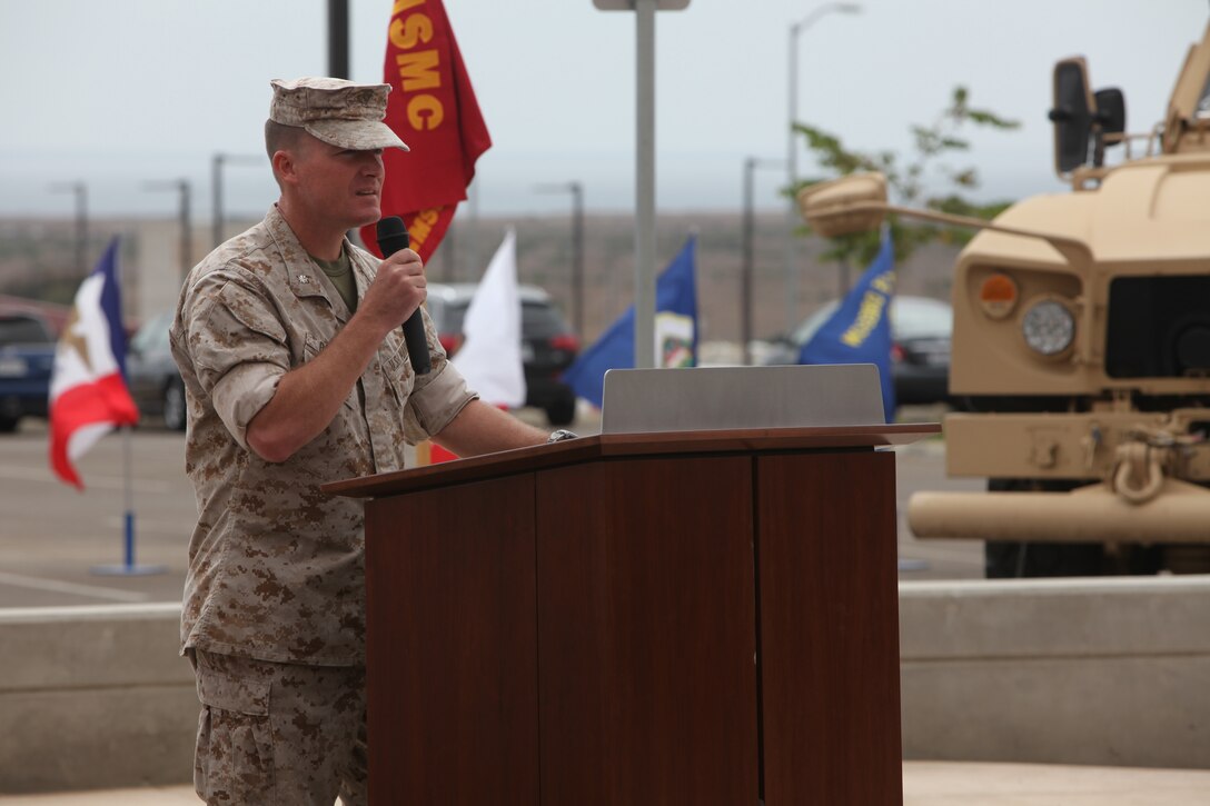 Lt. Col. Michael A. Brooks, commander of 1st Marine Special Operations Battalion, U.S. Marine Corps Forces, Special Operations Command, addresses the Marines and Sailors of 1st MSOB and their families and friends at a memorial dedication ceremony aboard Camp Pendleton, Calif. Sept. 16. September was a month of rememberance and reflection, marked by several ceremonies taking place throughout MARSOC to honor its fallen servicemembers and the victims of 9/11.