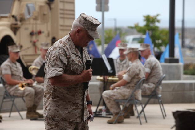 Maj. Gen. Paul E. Lefebvre, commander of U.S. Marine Corps Forces, Special Operations Command, delivers a speech at a memorial dedication ceremony aboard Camp Pendleton, Calif. Sept. 16, in which a monument dedicated to 1st Marine Special Operations Battalion's fallen warriors was unveiled. September was a month of rememberance and reflection, marked by several ceremonies taking place throughout MARSOC to honor its fallen servicemembers and the victims of 9/11.