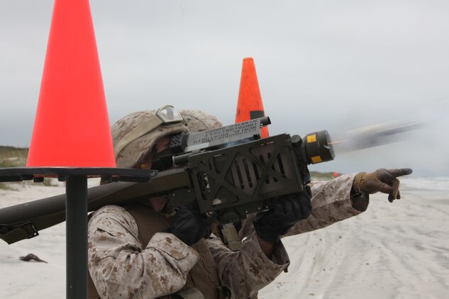 084- A Marine with 2nd Low Altitude Air Defense Battalion fires a PL-87 Stinger Missile at an unmanned aerial target on Onslow Beach aboard Marine Corps Base Camp Lejeune, N.C. during 2nd LAAD's live Stinger Missile shoot Sept. 17. “The threats that we face as a LAAD battalion range from manned enemy aircraft to the possibility of an air to land missiles that need to be taken out,” said Master Sgt. Joshua J. Hillbrand, operations chief for 2nd LAAD Bn. “There are a lot of threats in the world and the things we have seen are not traditional threats.”