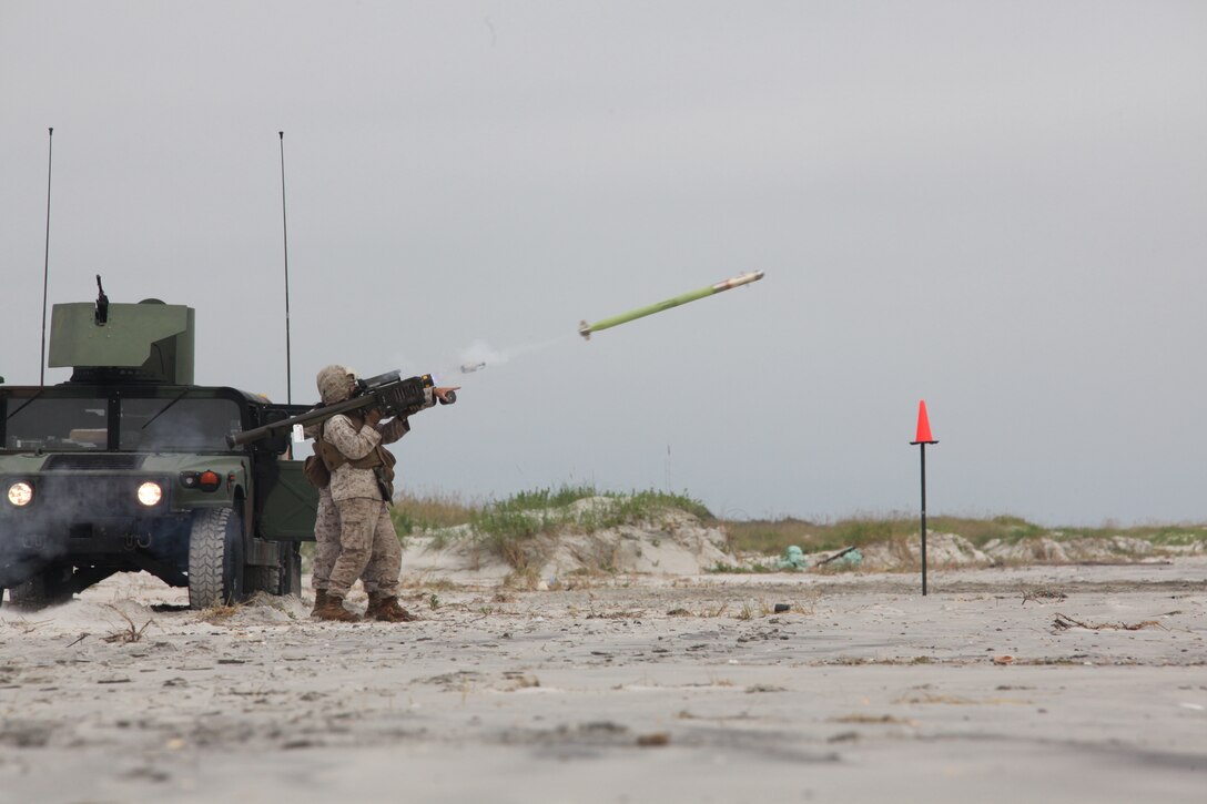A Marine with 2nd Low Altitude Air Defense Battalion fires a PL-87 Stinger Missile at an unmanned aerial target on Onslow Beach aboard Marine Corps Base Camp Lejeune, N.C., during 2nd LAAD’s live Stinger Missile shoot Sept. 17.