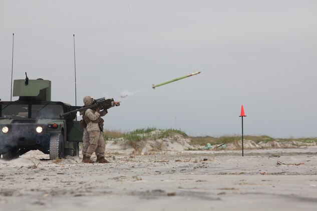 A Marine with 2nd Low Altitude Air Defense Battalion fires a PL-87 Stinger Missile at an unmanned aerial target on Onslow Beach aboard Marine Corps Base Camp Lejeune, N.C., during 2nd LAAD’s live Stinger Missile shoot Sept. 17.