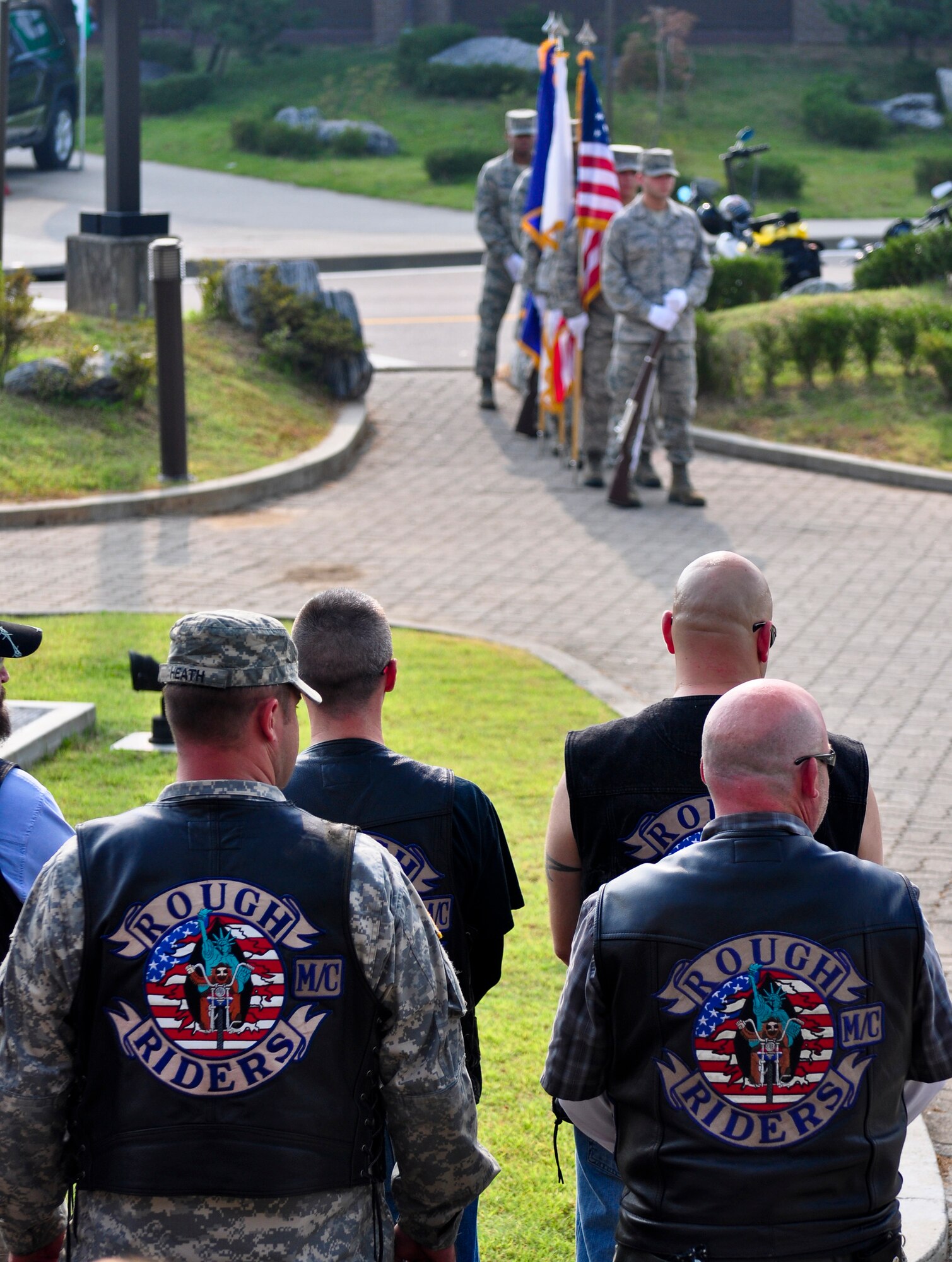 The base honor guard presents the colors during POW/MIA Recognition day Sept. 16, 2011 at the POW/MIA Memorial in front of the base theater. Members of the Osan’s Air Force Sergeants Association honored all POW/MIAs during several ceremonies and events Sept. 12-16. (U.S. Air Force photo/Tech. Sgt. Chad Thompson)