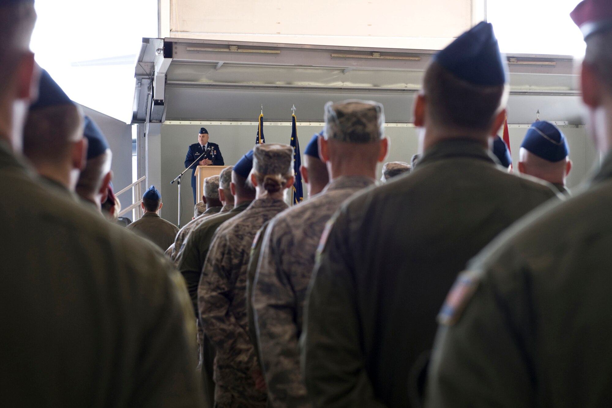 JOINT BASE ELMENDORF-RICHARDSON, Alaska - Col. Donald S. Wenke, the new commander of the 176th Wing, Alaska Air National Guard, speaks to wing members during the wing's change of command ceremony Sept. 18, 2011. Wenke assumed command of the wing from Brig. Gen. Charles E. Foster, who has served as the wing commander since 2008. Alaska Air National Guard photo by Master Shannon Oleson.