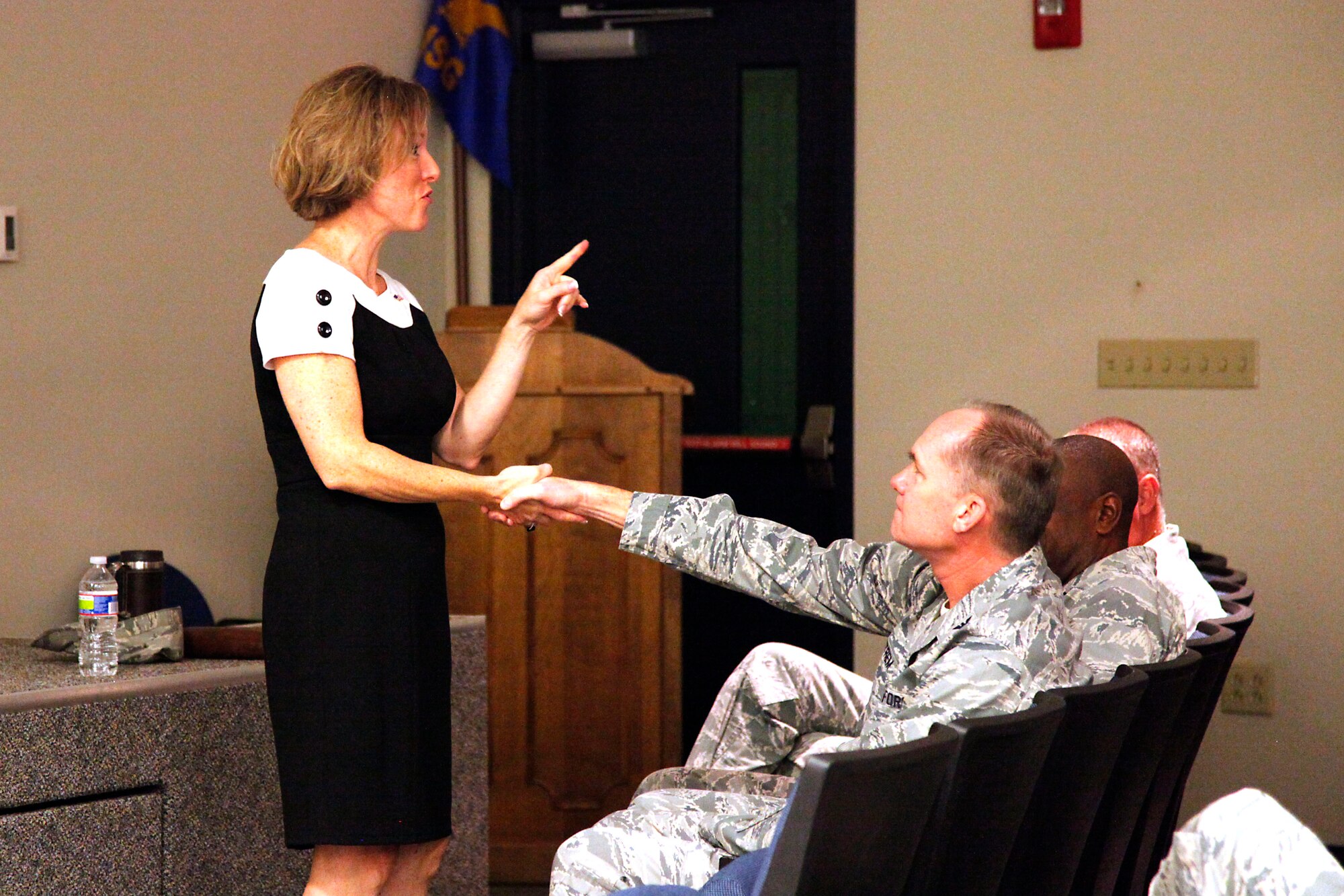 Dr. Mary Bartlett, a Suiciodoligist, briefed the commanders of the 179th Airlift Wing on Sept. 17, 2011, on building resiliency and connecting with their troops. Bartlett has over 16 years of experience as a Suicidologist and works with Air Force and Air National Guard units across the nation. (US Air Force Photo, MSgt Lisa Haun)(Released)
