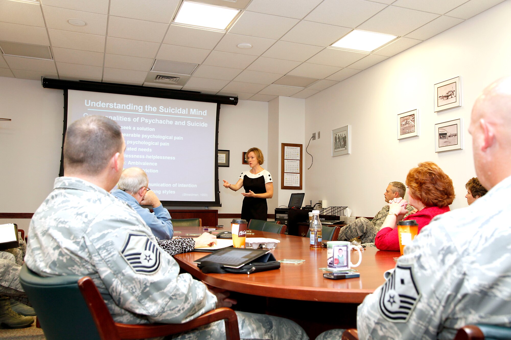Dr. Mary Bartlett, a Suiciodoligist, briefed 1st Sgts., Family Readiness, Mortuary Affairs and Chaplains Sept. 18, 2011, on issues that could arise for first responders attached to the base.  Bartlett was on the base to talk to 179th members about suicide awareness and resiliency.(US Air Force Photo, MSgt Lisa Haun)(Released)