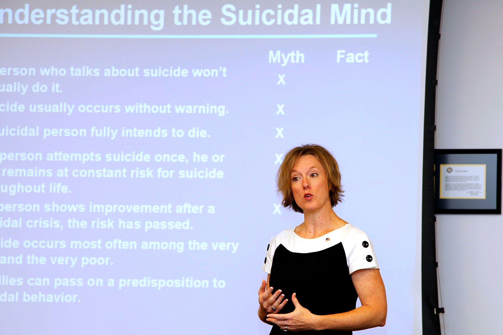 Dr. Mary Bartlett, a Suiciodoligist, briefed 1st Sgts., Family Readiness, Mortuary Affairs and Chaplains Sept. 18, 2011, on issues that could arise for first responders attached to the base.  Bartlett was on the base to talk to 179th members about suicide awareness and resiliency.(US Air Force Photo, MSgt Lisa Haun)(Released)