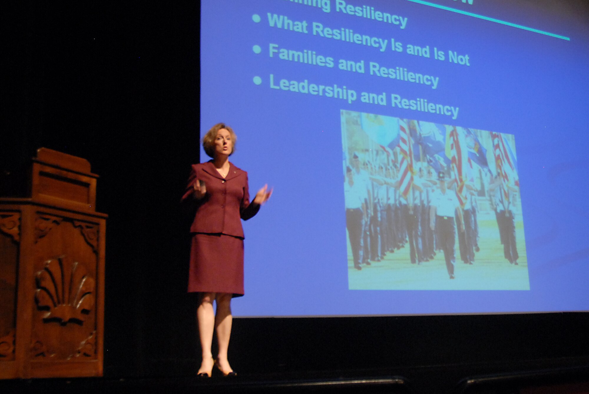 Dr. Mary Bartlett, a Suiciodoligist, briefed members of the 179th Airlift Wing on Sept. 17, 2011, on suicide awareness and resiliency. Bartlett has over 16 years of experience as a Suicidologist and works with Air Force and Air National Guard units across the nation. (US Air Force Photo, SSgt Robert Koehler)(Released)