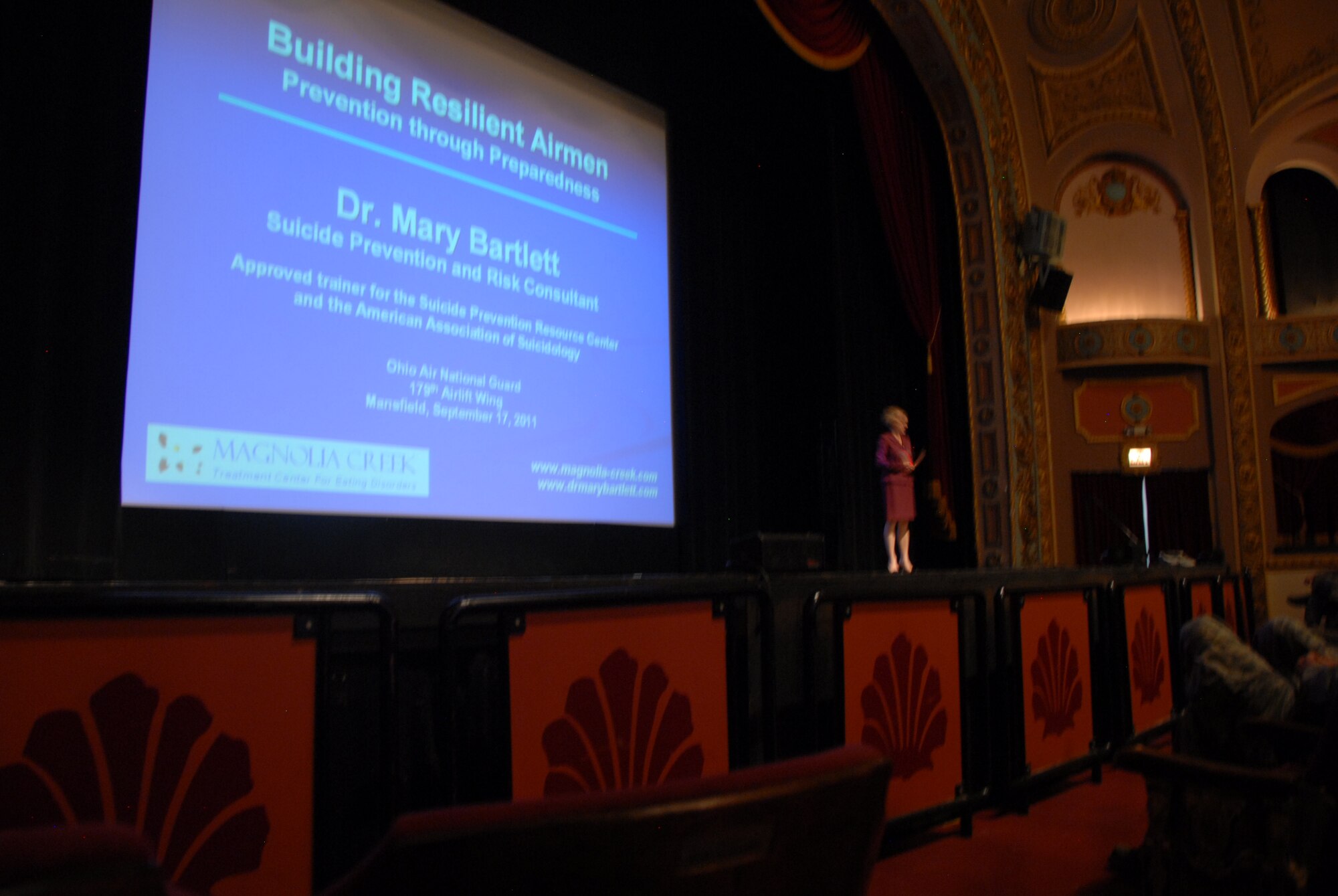 Dr. Mary Bartlett, a Suiciodoligist, briefed members of the 179th Airlift Wing on Sept. 17, 2011, on suicide awareness and resiliency. Bartlett has over 16 years of experience as a Suicidologist and works with Air Force and Air National Guard units across the nation. (US Air Force Photo, SSgt Robert Koehler)(Released)