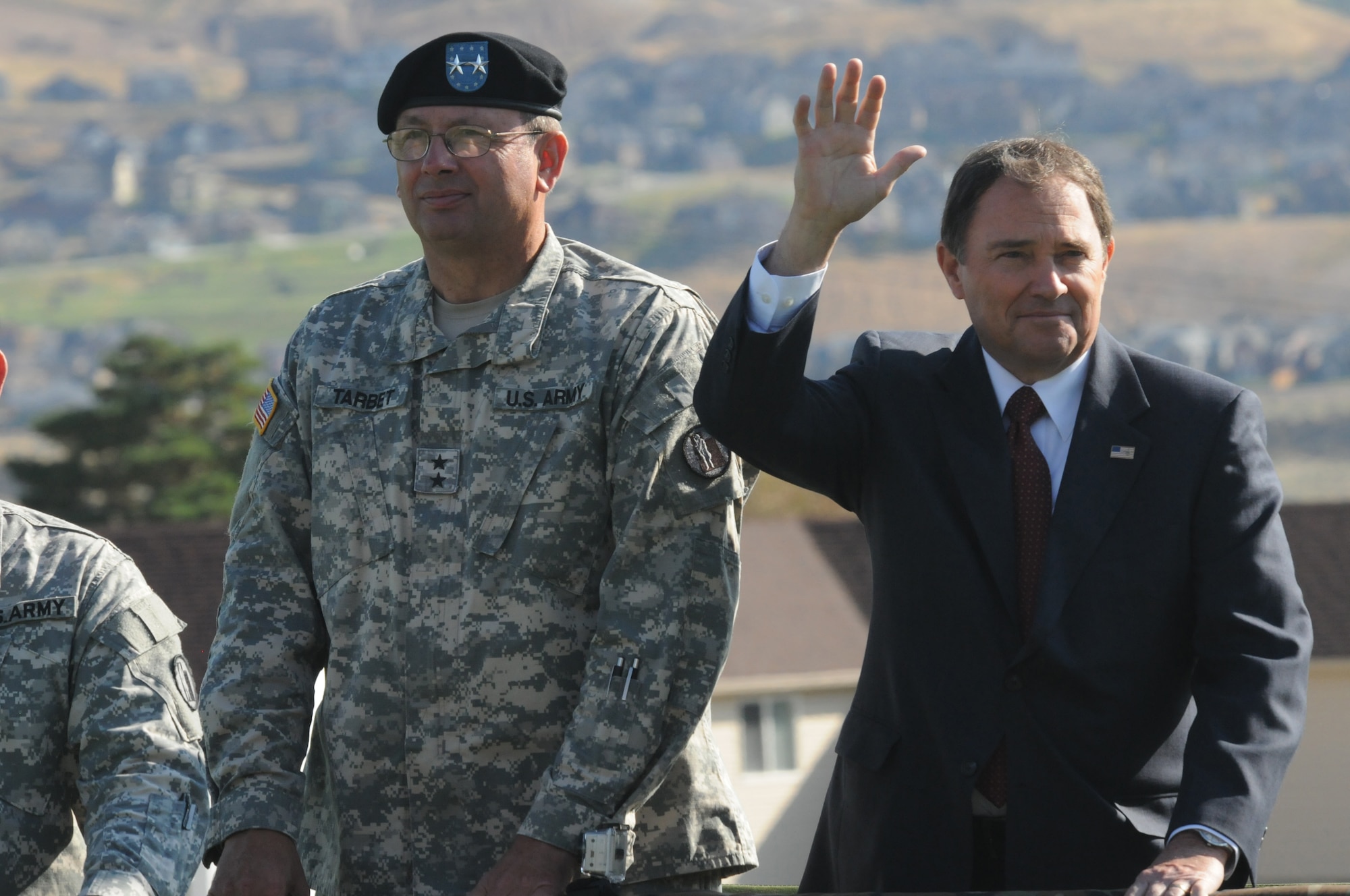 Governor Gary R. Herbert and Major General Brian L. Tarbet inspect the Utah National Guard troops during the Governor's Day parade Sept. 17.  (U.S. Air Force photo by Technical Sergean Kelly K. Collett)(RELEASED)