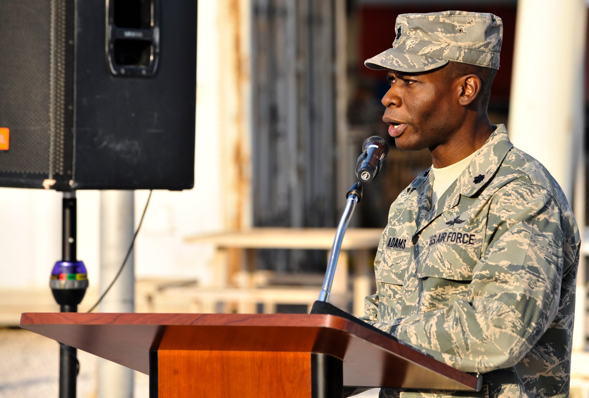 Lt. Col. Terrence Adams, 379th Expeditionary Communications Squadron commander, provides opening remarks during a retreat ceremony, Sept. 16, 2011, at an undisclosed location in Southwest Asia. The retreat marked the final event of Cyber Awareness Week, Sept. 11-16. The week was developed to increase awareness among the base population regarding cyber threats and hackers and to educate individuals about personal responsibilities, such as risk mitigation at work and home.  (U.S. Air Force photo/Senior Airman Paul Labbe)
