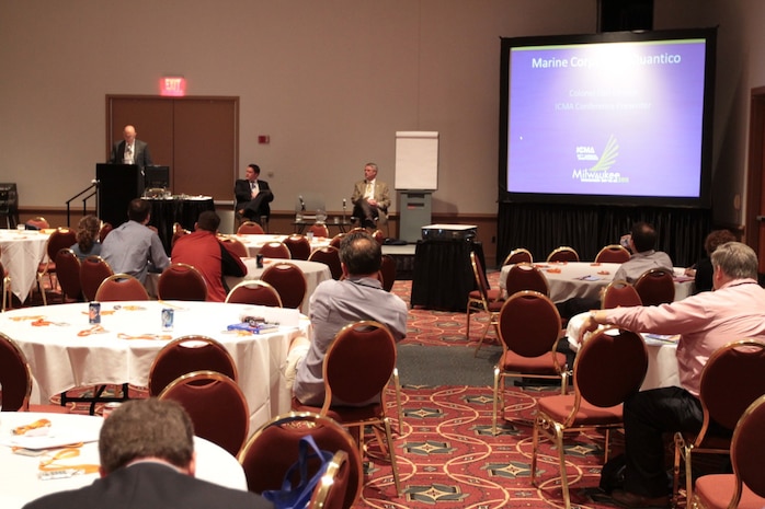 Steve Hundley, Marine Corps Base Quantico's community plans and liaison officer, discusses MCB Quantico's partnership with the surrounding communities during a session of the 2011 International City/County Management Association conference here Sept. 19.