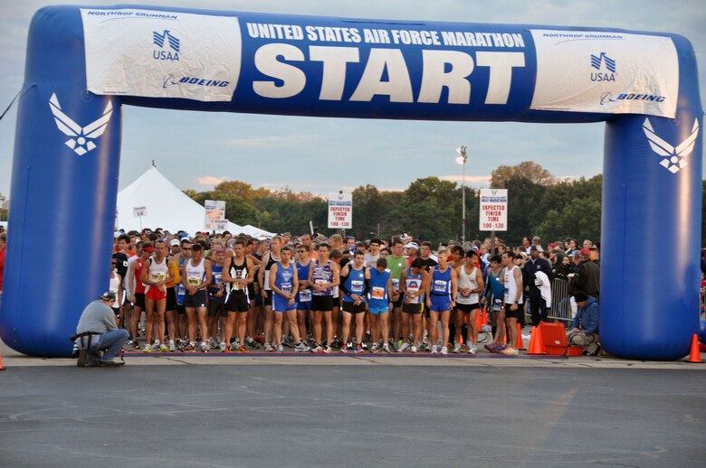 Runners anticipate the start of the 15th annual Air Force Marathon and 10K running events.  Participation records were broken a second year in a row. Runners from all 50 states and 15 countries took part in the event that also included 3,100 people participating at remote locations. The event was held on and around Wright-Patterson AFB, Ohio, Sept. 17. (U.S. Air Force Photo/Tech. Sgt. Joe Davidson)