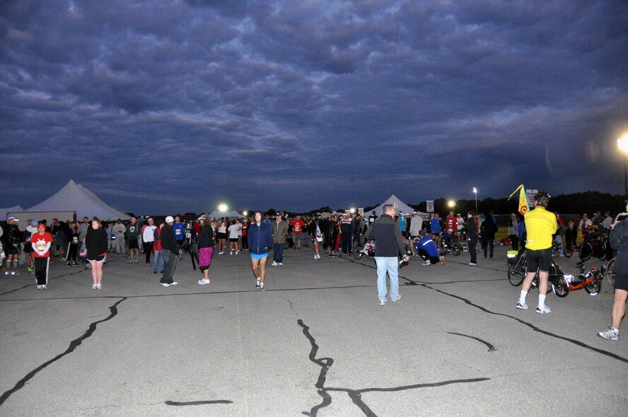 Although morning temperatures are cool, runners anticipate the start of the full marathon and 10K running events during the Air Force Marathon. The events were held on and round Wright-Patterson AFB, Ohio, Sept. 16-17. (U.S. Air Force Photo/Tech. Sgt. Joe Davidson)