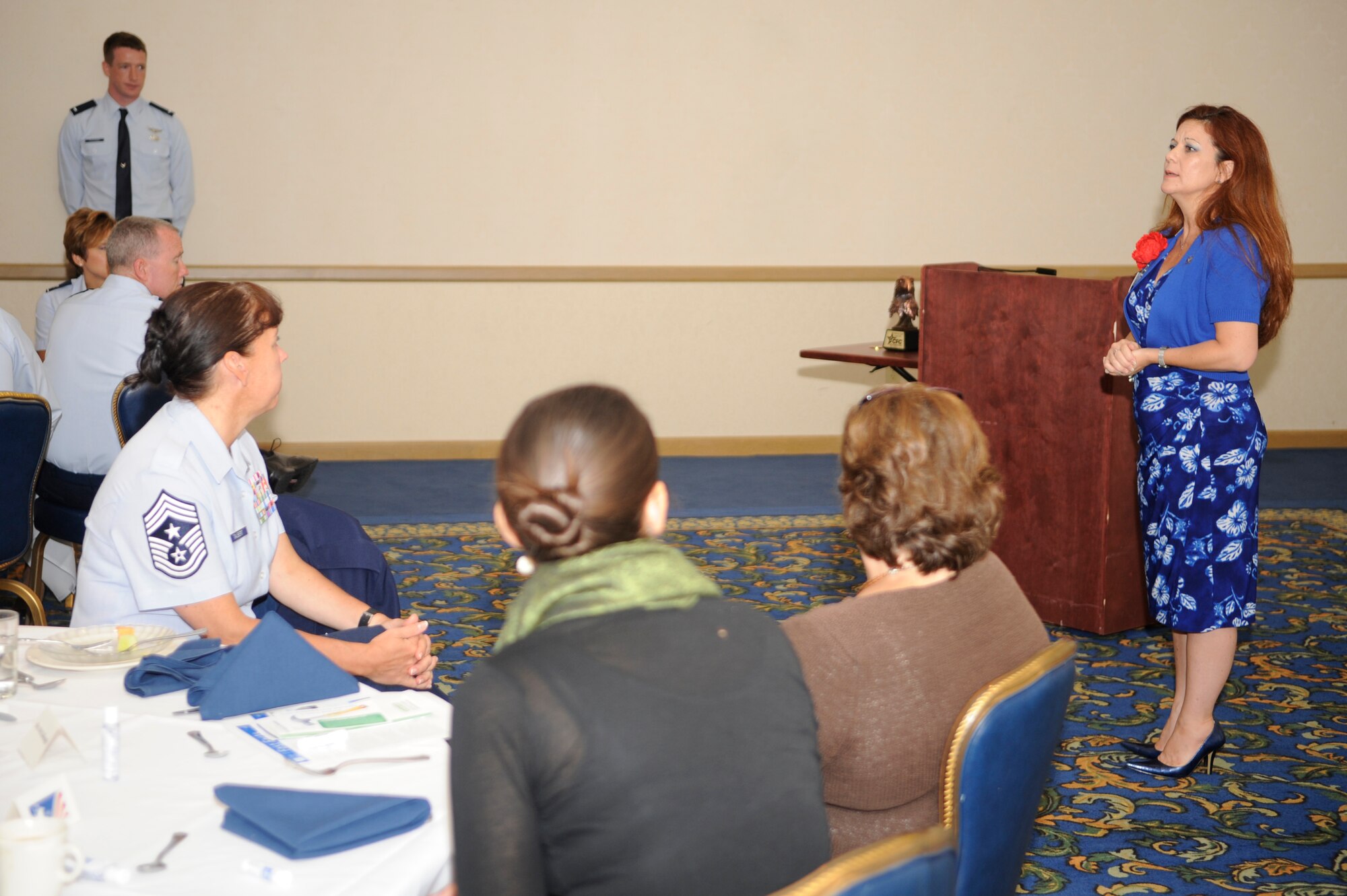 VANDENBERG AIR FORCE BASE, Calif. -- Mary Koenig, City of Hope representative, talks during a Combined Federal Campaign breakfast event at the Pacific Coast Club here Monday, Sept. 19, 2011.  The CFC is a global combination of charitable organizations. (U.S. Air Force photo/Staff Sgt. Andrew Satran) 

 
 
  