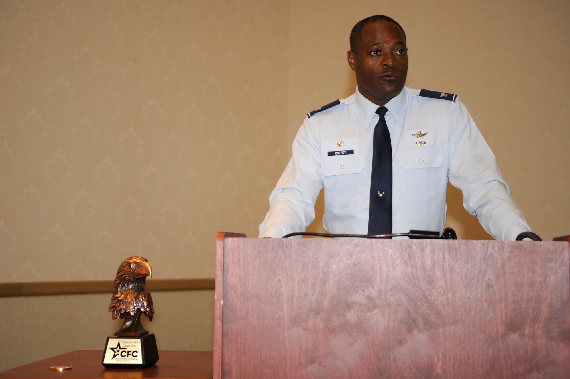 VANDENBERG AIR FORCE BASE, Calif. -- Col. Lavanson Coffey III, 30th Launch Group commander, speaks during a Combined Federal Campaign breakfast event at the Pacific Coast Club here Monday, Sept. 19, 2011. Base leadership, executives of the CFC for California Gold Coast and organizations that are in the CFC were present at the event. (U.S. Air Force photo/Staff Sgt. Andrew Satran) 

 