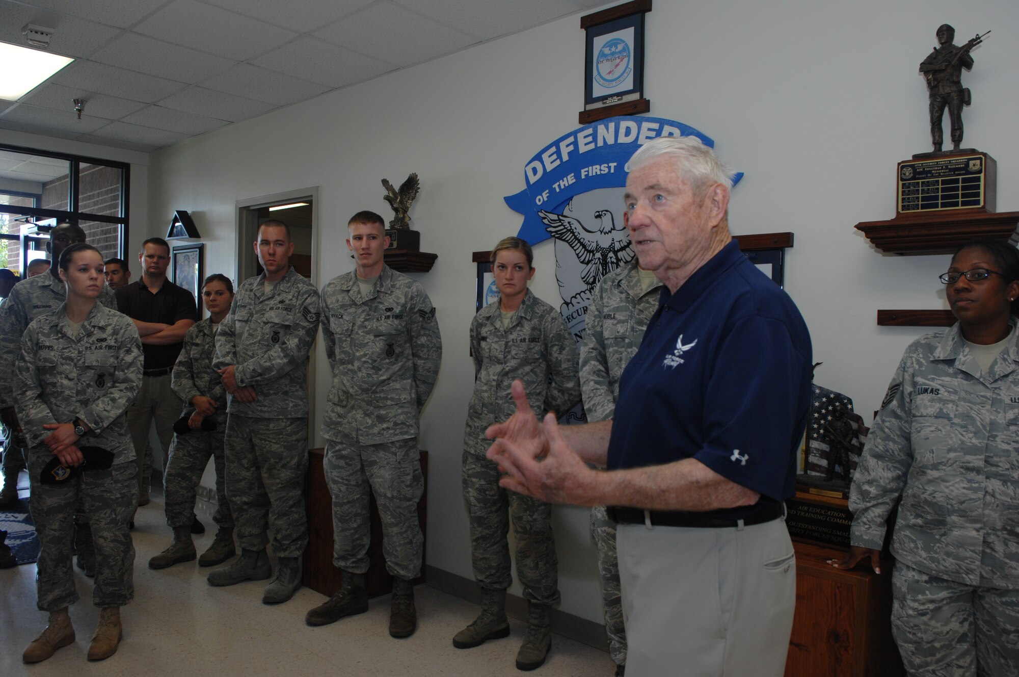 GOODFELLOW AIR FORCE BASE, Texas -- Retired Chief Master Sgt. Robert Gaylor, the fifth Chief Master Sergeant of the Air Force, speaks with security forces members Sept. 16. Chief Gaylor talked about his past as security police. (U.S. Air Force photo/Staff Sgt. Laura R. McFarlane)