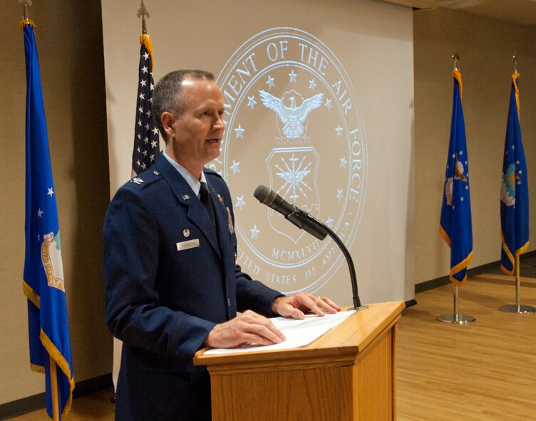 U.S. Air Force Col. Billy Thompson, 23rd Wing commander, gives a speech to the community of Moody Air Force Base, Ga., during a ceremony to commemorate the Air Force’s 64th birthday Sept. 16, 2011. Thompson reflected on the Air Force’s history and what it has accomplished during the last 64 years. (U.S. Air Force photo by Airman 1st Class Paul Francis/Released)
