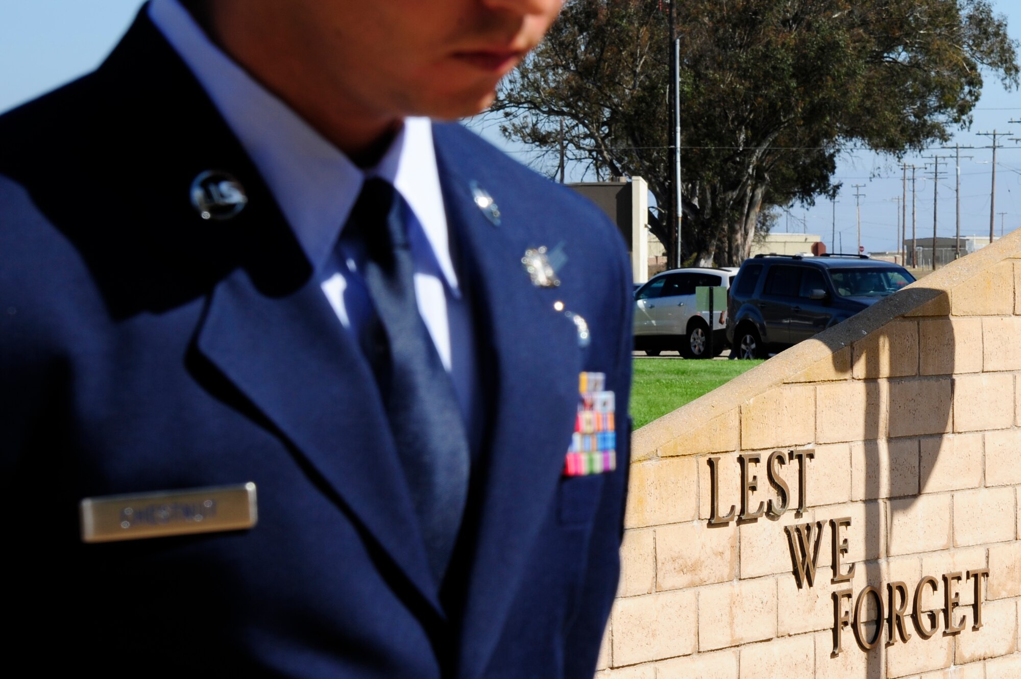 VANDENBERG AIR FORCE BASE, Calif. – “Lest We Forget” is etched into the wall of the prisoner of war/missing in action memorial during a POW/MIA ceremony here Friday, Sept. 16, 2011. From the Vietnam War alone, the families of more than 2,000 servicemembers are still searching for answers about why their loved ones never came home from the war. (U.S. Air Force photo/Senior Airman Lael Huss)