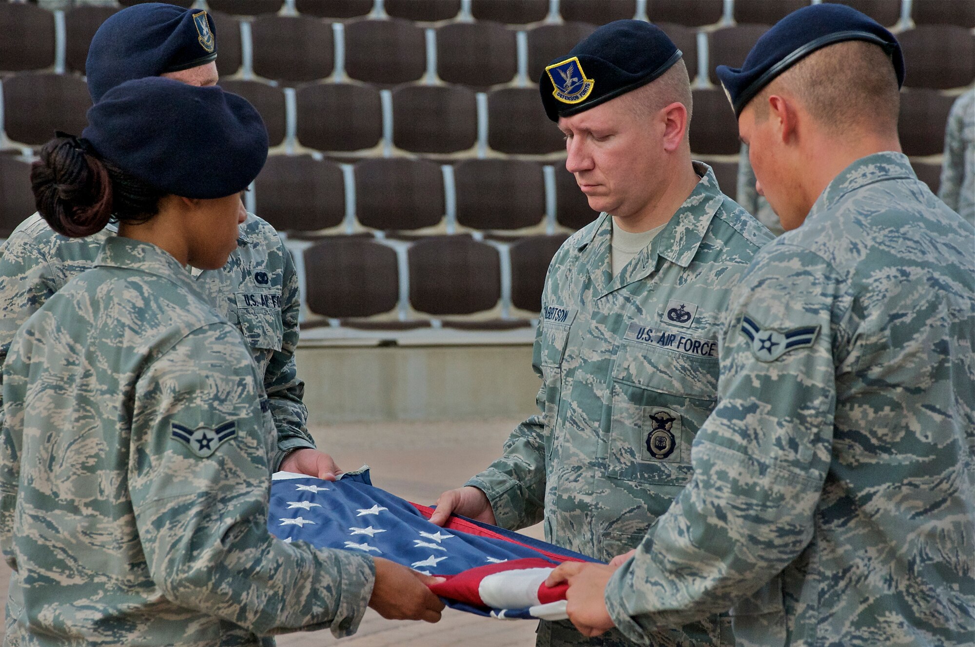 LAUGHLIN AIR FORCE BASE, Texas – Airmen fold the U.S. Flag during a National POW/MIA Recognition Day retreat ceremony at Heritage Park here Sept. 16. Laughlin Airmen played their part by remembering the sacrifices made by POW and MIA servicemembers with a vigil throughout the day and a retreat ceremony. (U.S. Air Force photo/Senior Airman Scott Saldukas)
