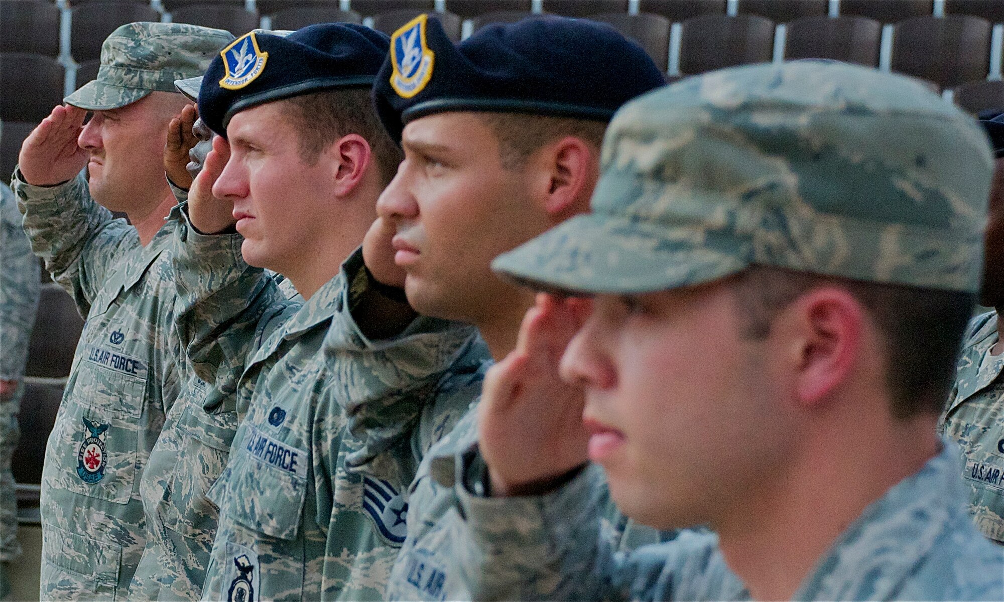 LAUGHLIN AIR FORCE BASE, Texas – Airmen salute during a National POW/MIA Recognition Day retreat ceremony at Heritage Park here Sept. 16. Laughlin Airmen played their part by remembering the sacrifices made by POW and MIA servicemembers with a vigil throughout the day and a retreat ceremony. (U.S. Air Force photo/Senior Airman Scott Saldukas)