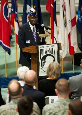 Col. Washington J. Sanchez Jr., the commander of the Florida department of the Military Order of the Purple Heart, was the guest speaker at this year’s POW/MIA ceremony Sept. 16 at the Air Force Armament Museum. The ceremony paid tribute to those military members who have yet to return home from defending America. The event was hosted by the 46th Test Wing and featured guest speakers, honor guard procedures and a flyover by the 53rd Wing. (U.S. Air Force photo/Samuel King Jr.)