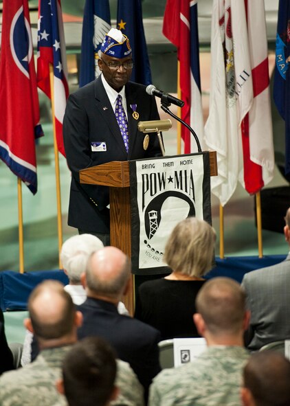 Col. Washington J. Sanchez Jr., the commander of the Florida department of the Military Order of the Purple Heart, was the guest speaker at this year’s POW/MIA ceremony Sept. 16 at the Air Force Armament Museum. The ceremony paid tribute to those military members who have yet to return home from defending America. The event was hosted by the 46th Test Wing and featured guest speakers, honor guard procedures and a flyover by the 53rd Wing. (U.S. Air Force photo/Samuel King Jr.)
