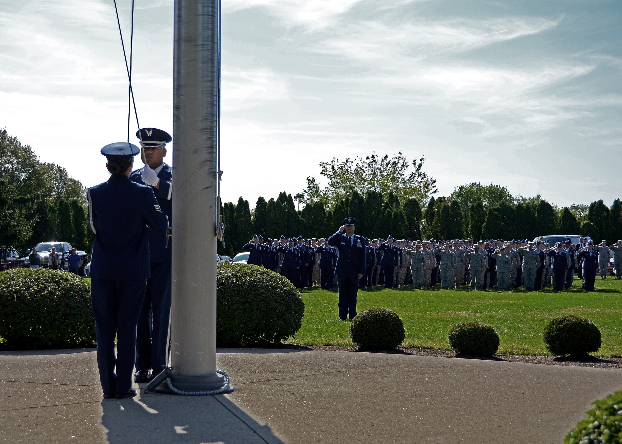 WRIGHT-PATTERSON AIR FORCE BASE, Ohio - Lt. Col. Richard Webster, 445th Operations Support Squadron commander and retreat troop commander, dismissed Wright-Patterson Air Force Base Airmen Sept. 15. Wright-Patt honored National POW/MIA Recognition Day with a wreath laying ceremony at the Arnold House prior to the group formation. The formal retreat was held that the 88th Air Base Wing Headquarters flagpole.  (U.S. Air Force photo/Senior Airman Mikhail Berlin)