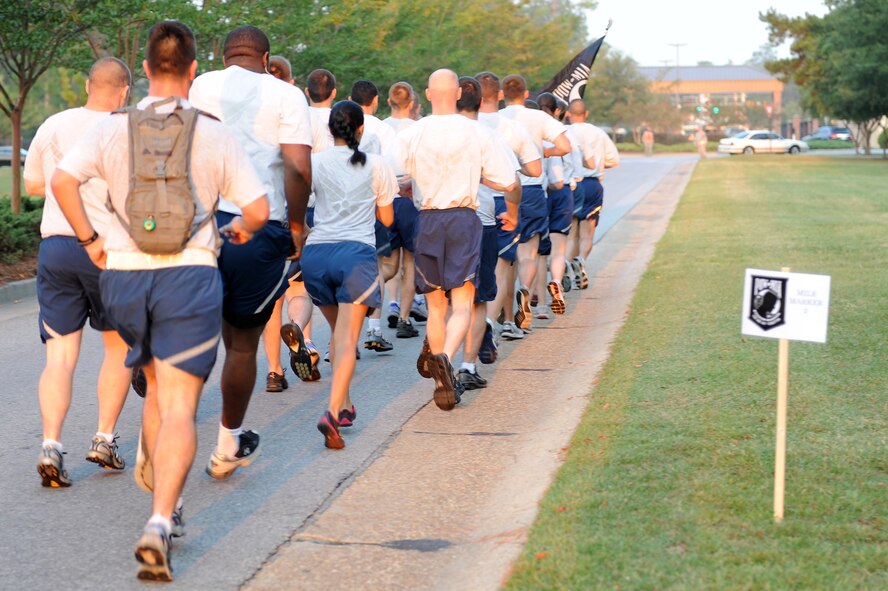 Members of Team Moody participate in a 23-mile Tiger-thon  in honor of those missing in action and prisoners of war. To date, there are still more than 80,000 POW/MIAs unaccounted for. (U.S. Air Force photo by Senior Airman Ciara Wymbs/Released)