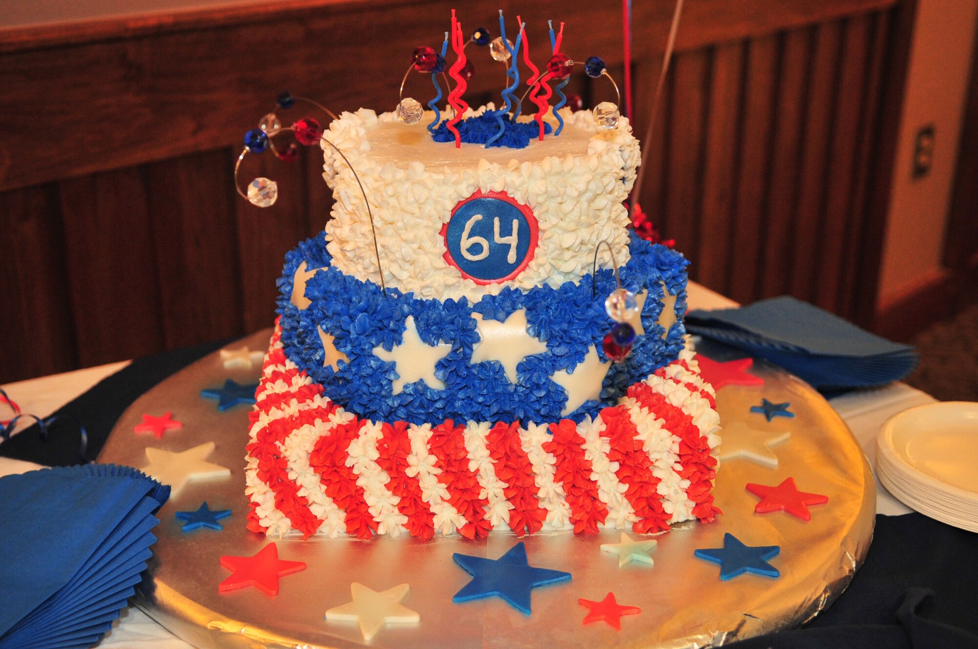 The 4th Force Support Squadron celebrated the Air Force’s 64th birthday with a reception at the Southern Eagle Dining Facility at Seymour Johnson Air Force Base, N.C., Sept. 16, 2011. The cake was made by Airman 1st Class Precious Avent, 4th FSS food service technician and Master Sgt. Dana Kuzel, 4th FSS first sergeant. Since the formation of the U.S. Air Force in 1947, Airmen have flown more than 710,000 combat sorties in support of overseas operations and more than 60,000 sorties protecting the U.S. (U.S. Air Force photo by Senior Airman Marissa Tucker)