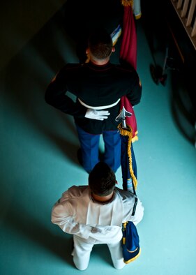 Marine and Navy members of the joint service honor guard stand at parade rest prior to the POW/MIA ceremony at the Air Force Armament Museum Sept. 16.  This year’s POW/MIA remembrance ceremony was hosted by the 46th Test Wing and featured guest speakers, honor guard procedures and a flyover by the 53rd Wing.  (U.S. Air Force photo/Samuel King Jr.)