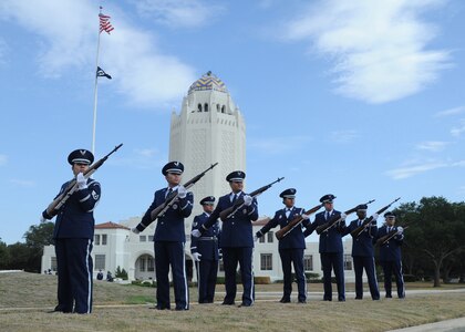 Members of Randolph Air Force Base's Honor Guard provide the 21-gun salute during the POW/MIA Recognition Day ceremony Sept. 16. Members of the 12th Flying Training Wing held a wreath laying ceremony and missing man formation flyby in observance of the day.The United States' National POW/MIA Recognition Day is observed across the nation on the third Friday of September each year. On this day, Americans across the United States pause to remember the sacrifices and service of those who were prisoners of war, as well as those who are missing in action and their families.  (U.S. Air Force photo/Rich McFadden)