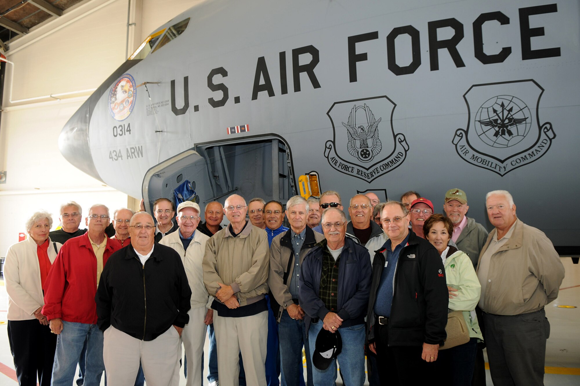 GRISSOM AIR RESERVE BASE, Ind. -- Members of the Britton Falls Veterans group line up in front of a KC-135 Stratotanker Sept. 7 for a group photo. The group toured Grissom to gain perspective on the operations of the base and the role it has not only in the military, but in the surrounding community. (U.S. Air Force photo/Senior Airman Jami K. Lancette)