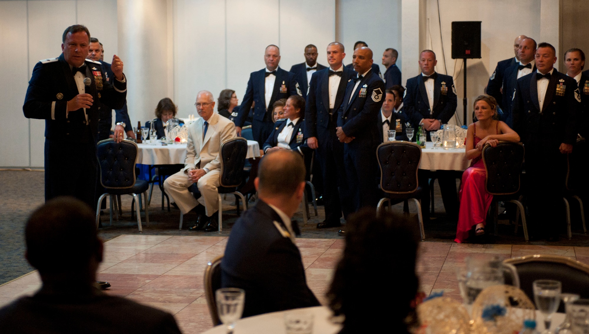 Brig. Gen. James Daniel, Senior Defense Official and Defense Attache, Office of Defensive Cooperation, Ankara, Turkey, U.S. European Command, speaks to the senior NCOs in attendance at the Air Force Gala Sept. 17, 2011, at the Club Complex at Incirlik Air Base, Turkey. Members from the 39th Air Base Wing and the 10th Tanker Base Command joined together to celebrate the 64th anniversary of the U.S. Air Force and the 100th anniversary of the Turkish air force.(U.S. Air Force photo by Senior Airman Clayton Lenhardt/Released)