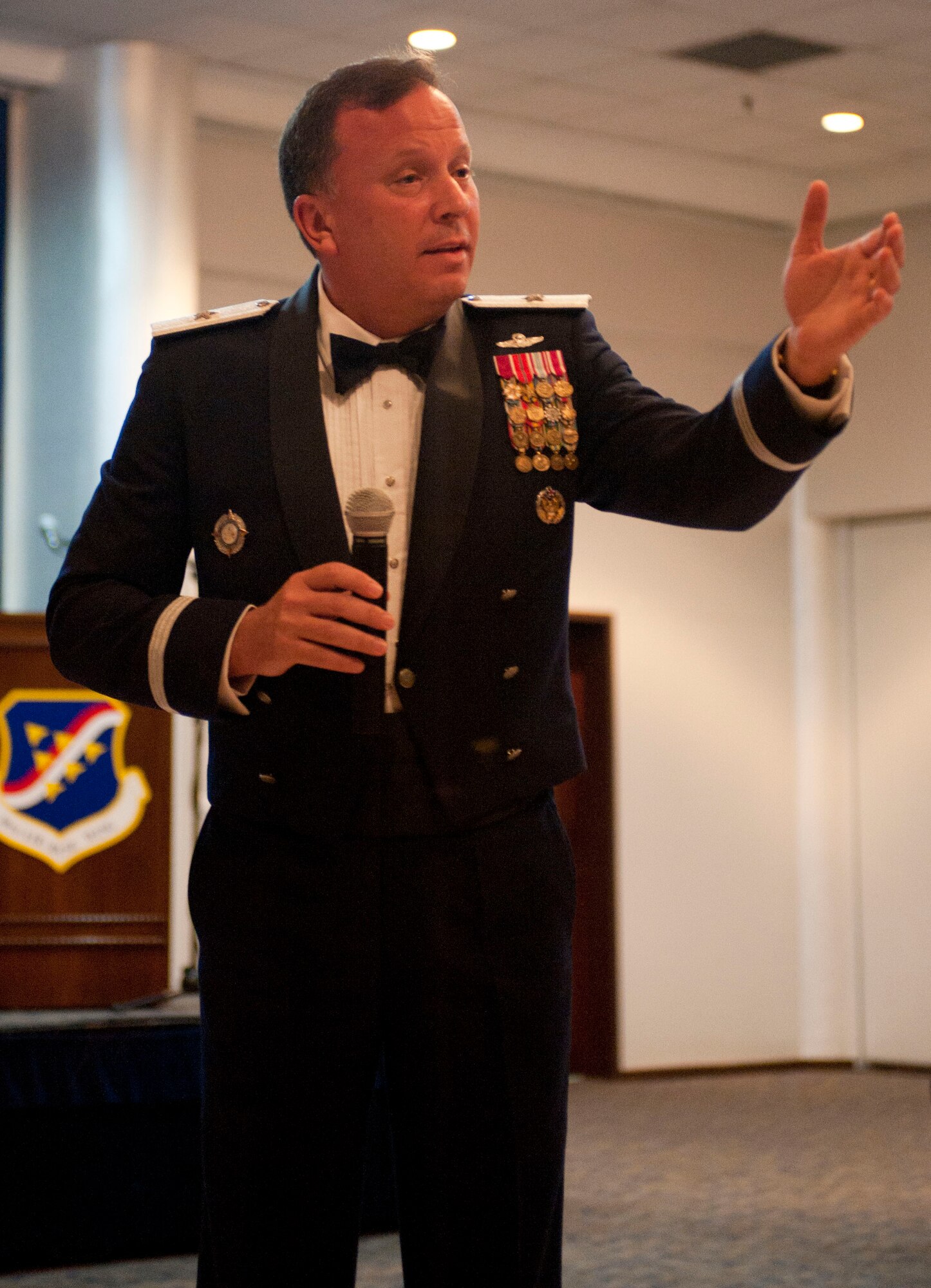 Brig. Gen. James Daniel, Senior Defense Official and Defense Attache, Office of Defensive Cooperation, Ankara, Turkey, U.S. European Command, speaks to Air Force Gala attendees Sept. 17, 2011, at the Club Complex at Incirlik Air Base, Turkey. Members from the 39th Air Base Wing and the 10th Tanker Base Command joined together to celebrate the 64th anniversary of the U.S. Air Force and the 100th anniversary of the Turkish air force.(U.S. Air Force photo by Senior Airman Clayton Lenhardt/Released)